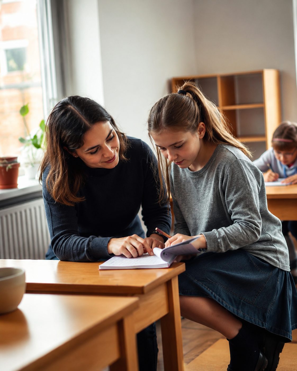 Lärare böjer sig ner och hjälper en elev med skolarbetet vid en bänk