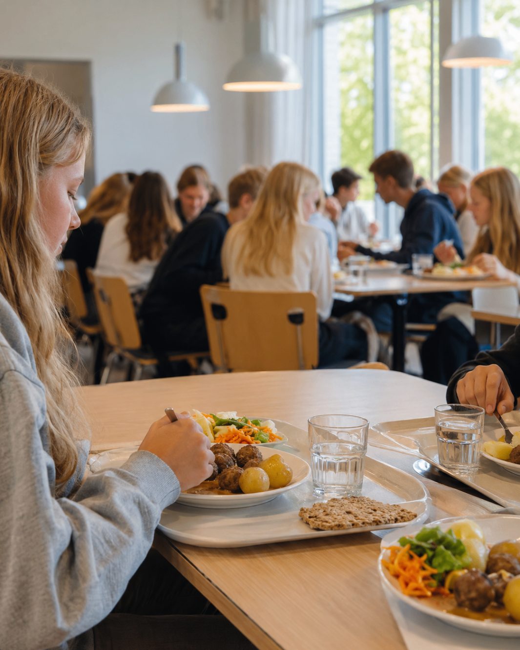 Barn sitter tillsammans i matsalen och pratar över lunchen