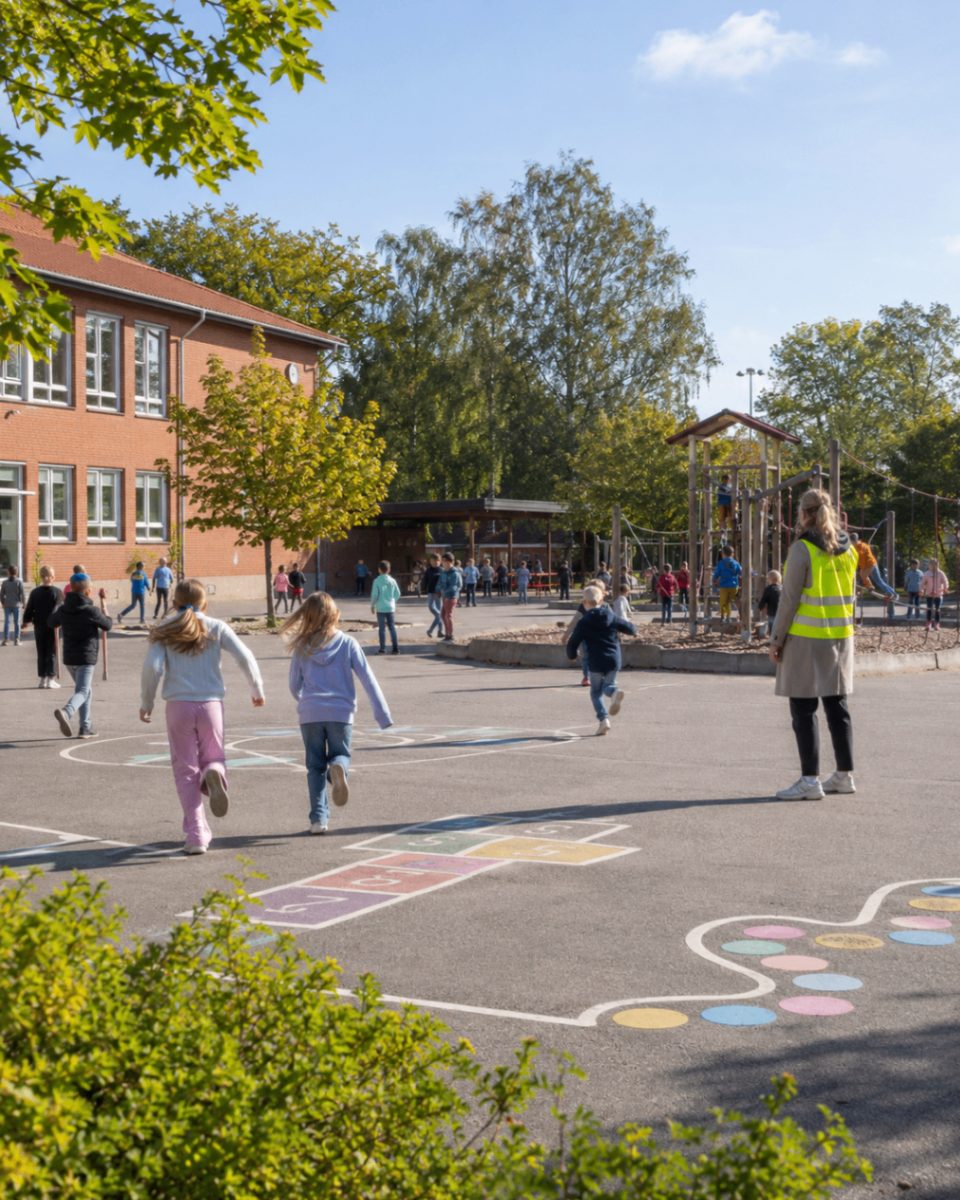 Elever leker tillsammans på skolgården på rasten